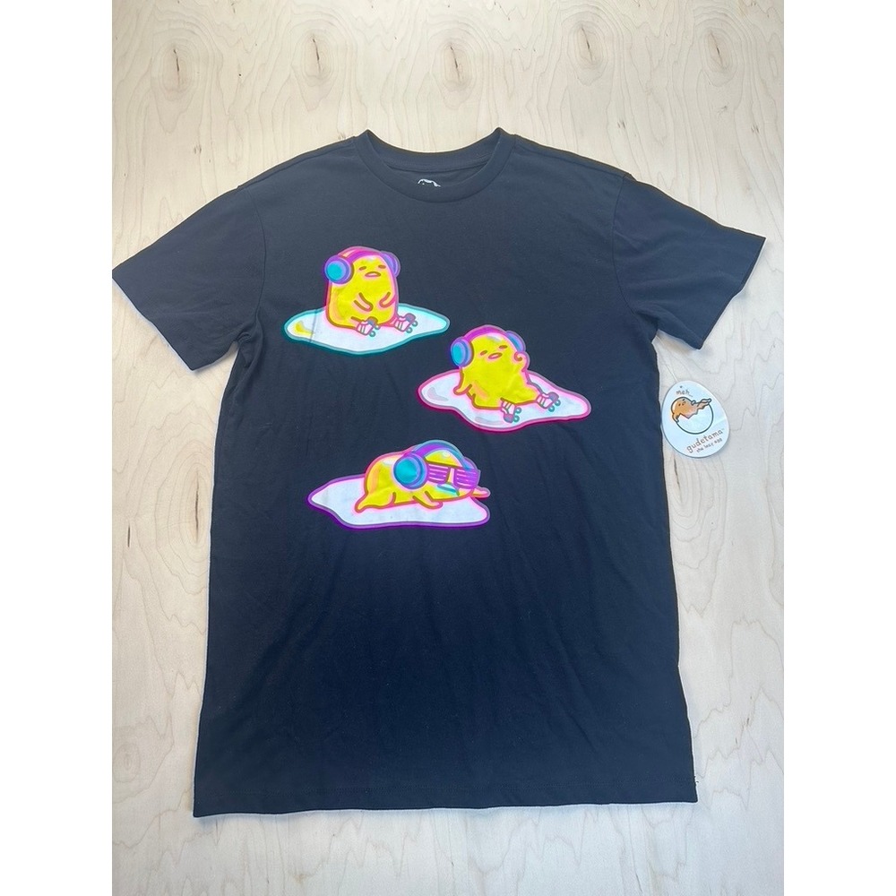 Gudetama Black Graphic Tee with Neon Relaxing Characters